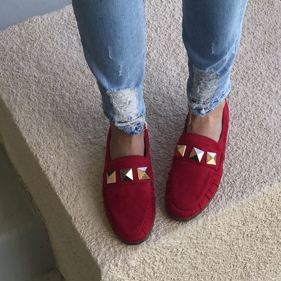 Red Wing Studded Slip On Boyfriend Loafer Flats - Picture 3 of 6